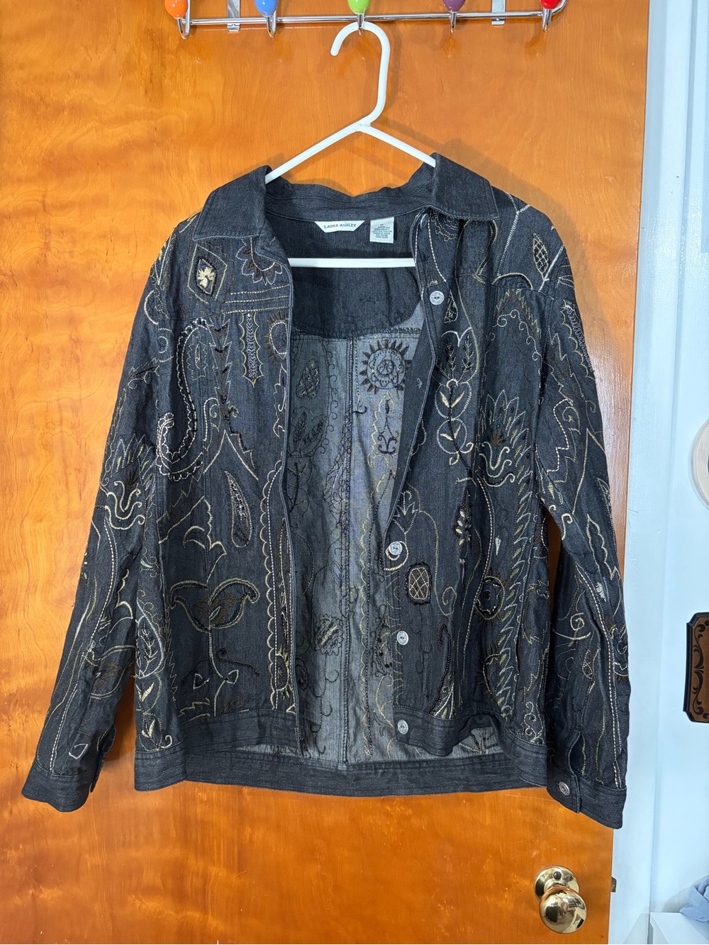 Laura Ashley Black Embroidered Jean Jacket with Gold Stitching
